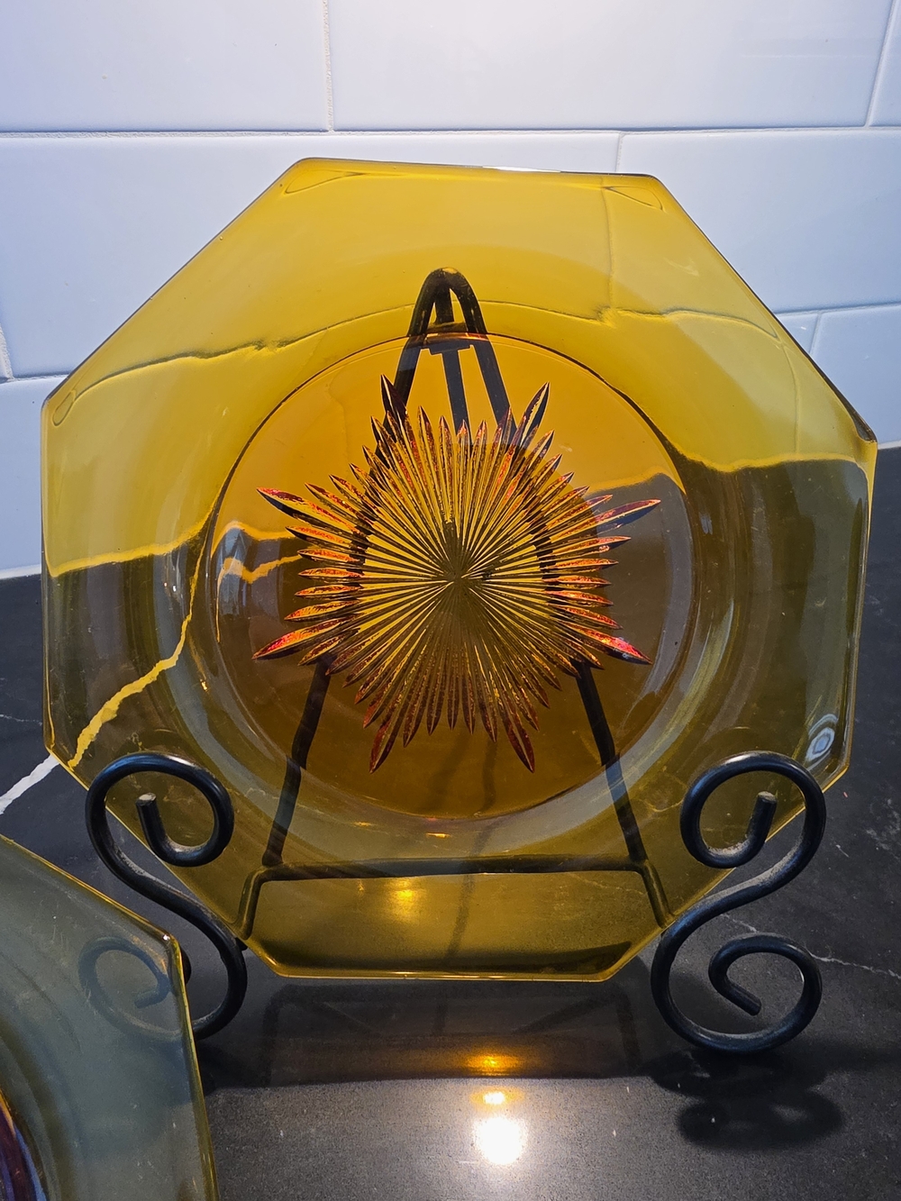Vintage Amber Starburst Depression Glass Plates Set of 2